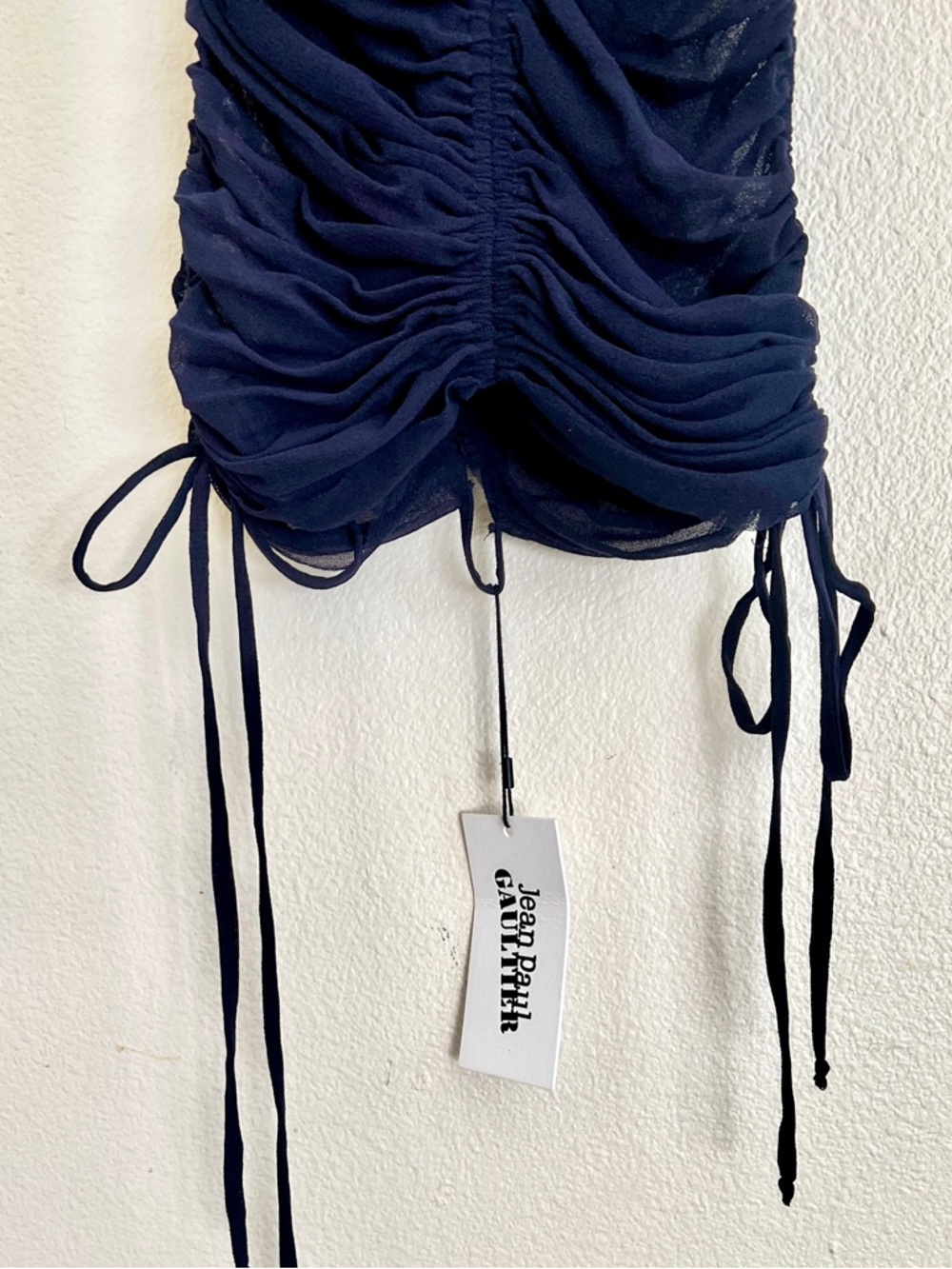 JEAN PAUL GAULTIER Crystal Embellished Mesh Off Shoulder Ruched Dress in Navy - Picture 9 of 13